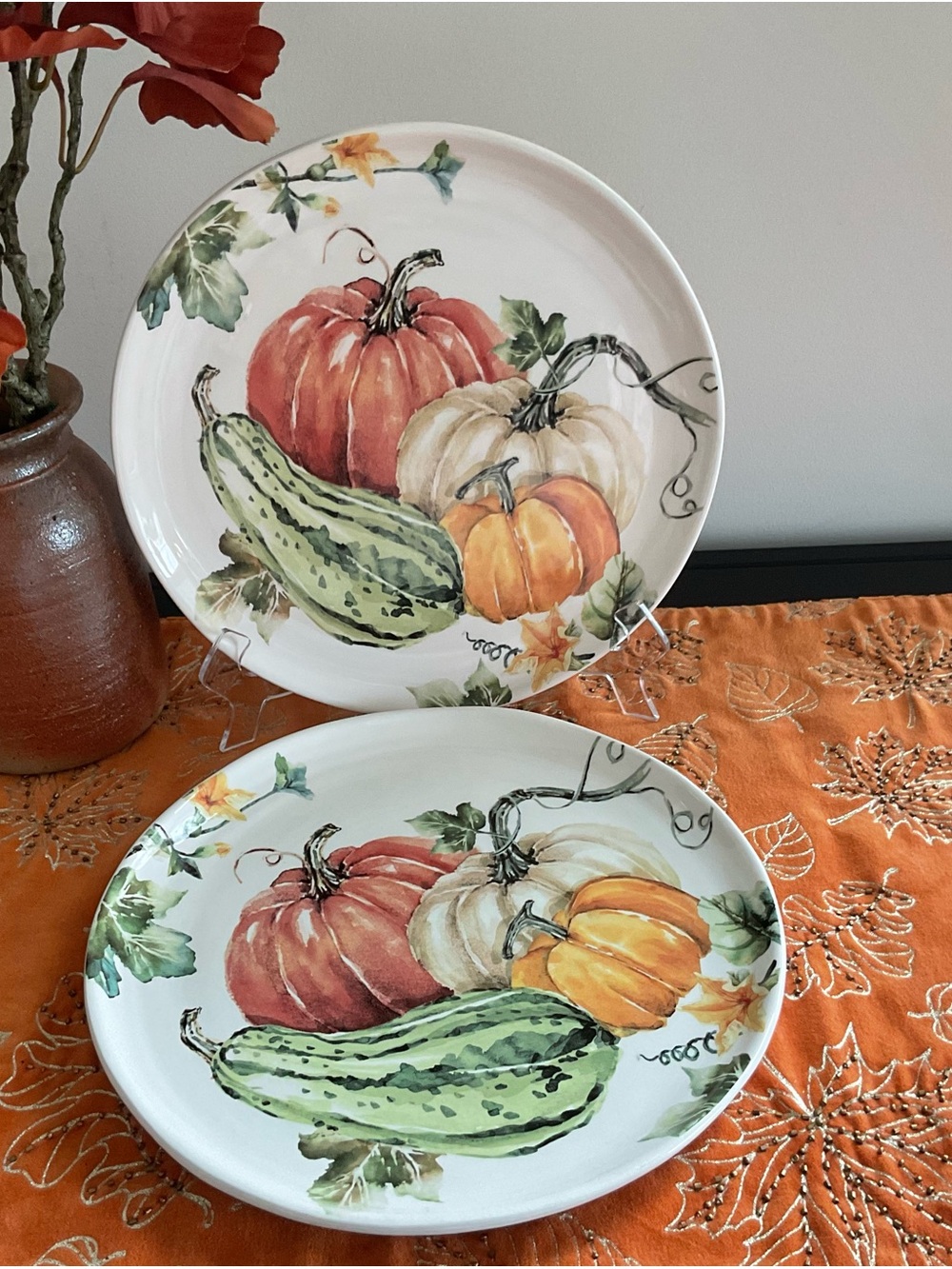 BICO Hand Painted Autumn Harvest Pumpkin 11” Dinner Plates - Set of 2 Fall
